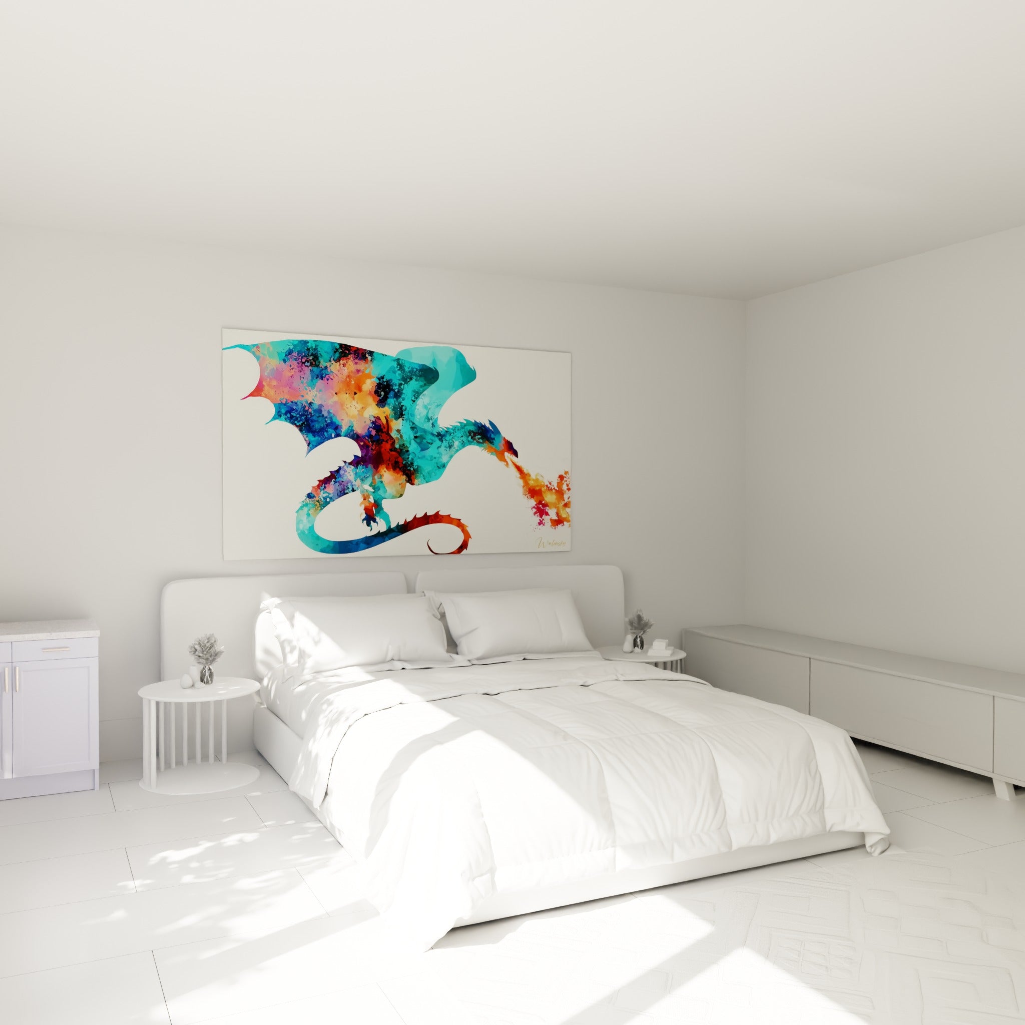 Créature ailée bleu et orangé en plein souffle de feu, au-dessus d'un lit dans une chambre claire