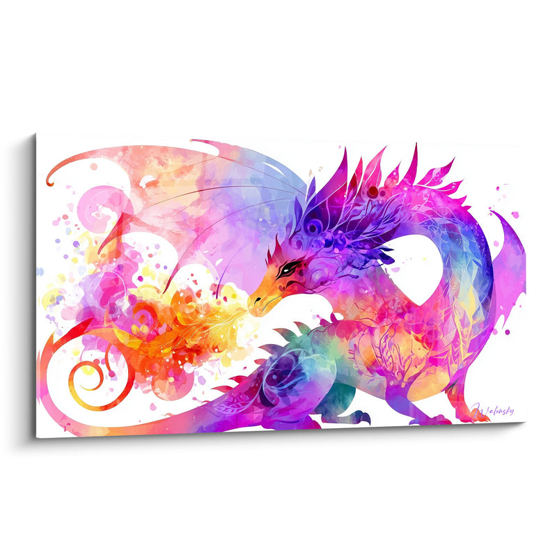 Tableau Dragon violet et orange en aquarelle - Souffle enchanté - Edition Dragon