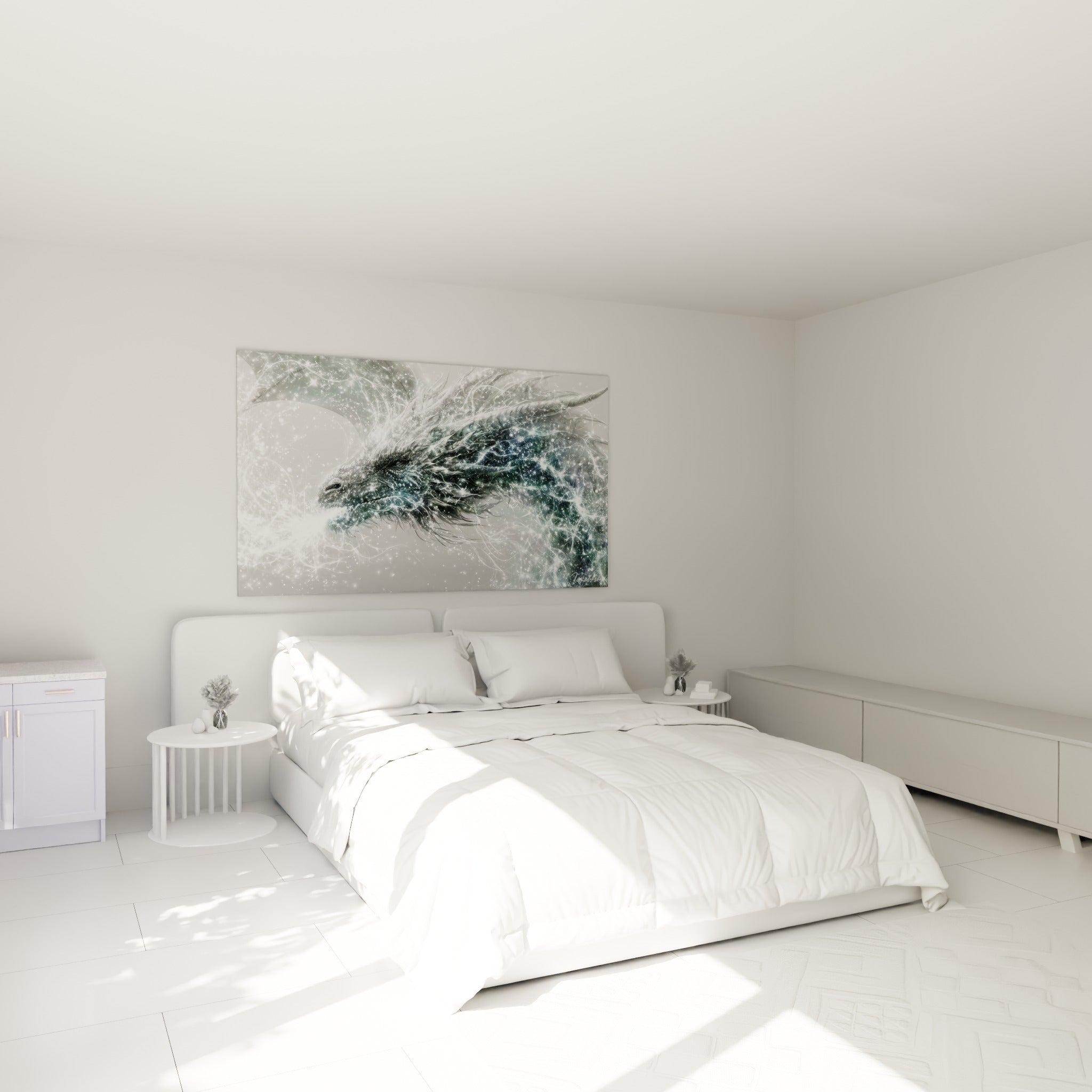 Créature légendaire aux écailles anthracite et blanc scintillant, au-dessus d'un lit dans une chambre claire