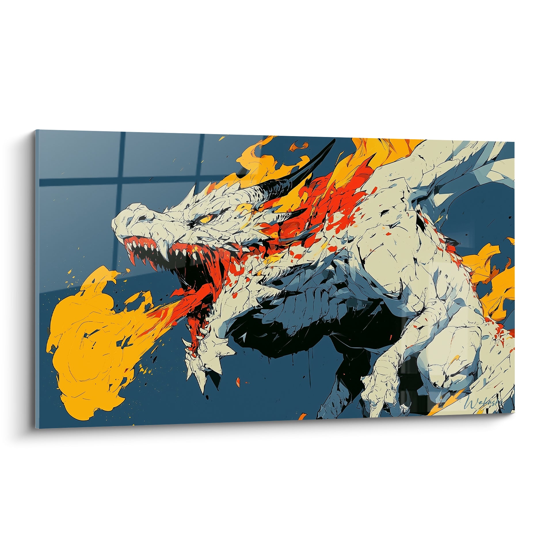 Dragon blanc craquelé crachant des flammes ocre sur fond bleu marine profond intense