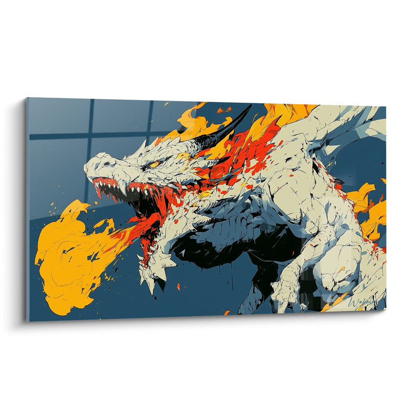 Tableau Dragon blanc et bleu ardoise crachant flamme jaune - Griffes tendues en avant - Edition Dragon