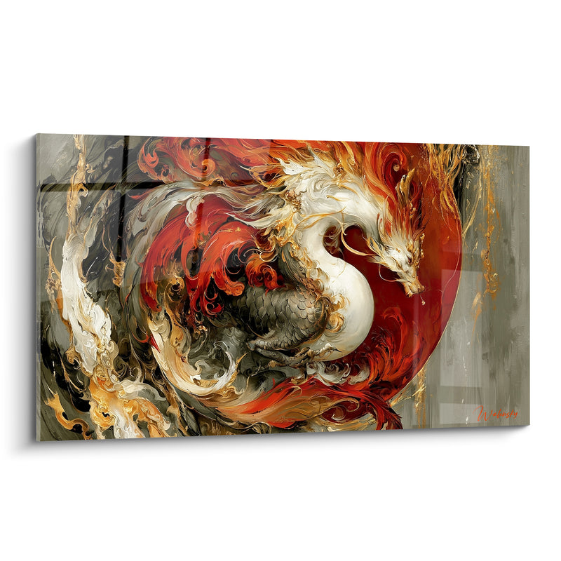 Tableau Dragon blanc et rouge devant un disque écarlate - Crinière tourbillonnante enflammée - Edition Dragon