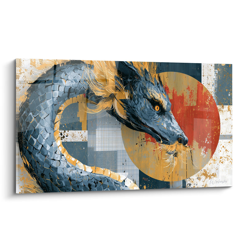 Tableau Dragon bleu ardoise aux écailles dorées - Gardien du soleil - Edition Dragon