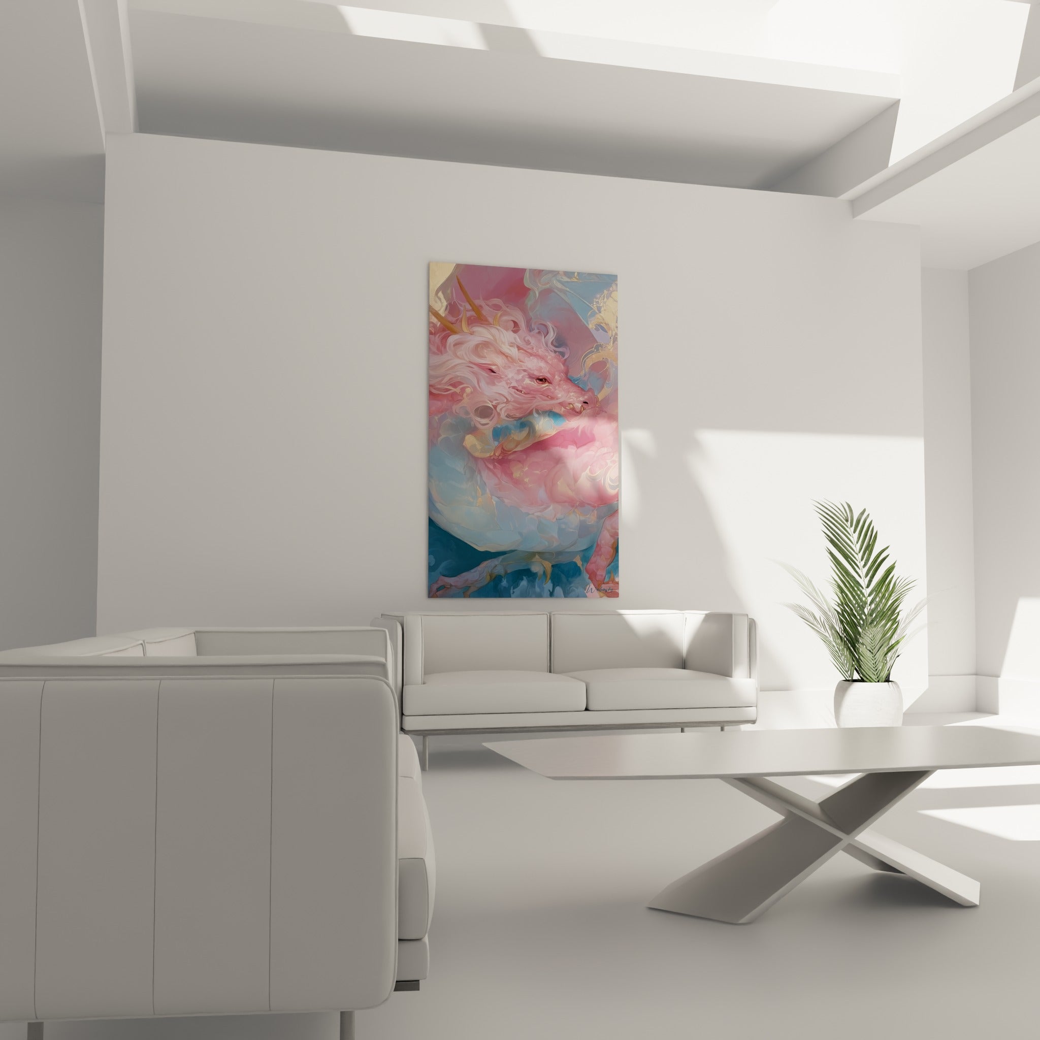 Silhouette de dragon pastel aux tons rose et bleu, suspendue au-dessus d'un canapé dans un salon lumineux
