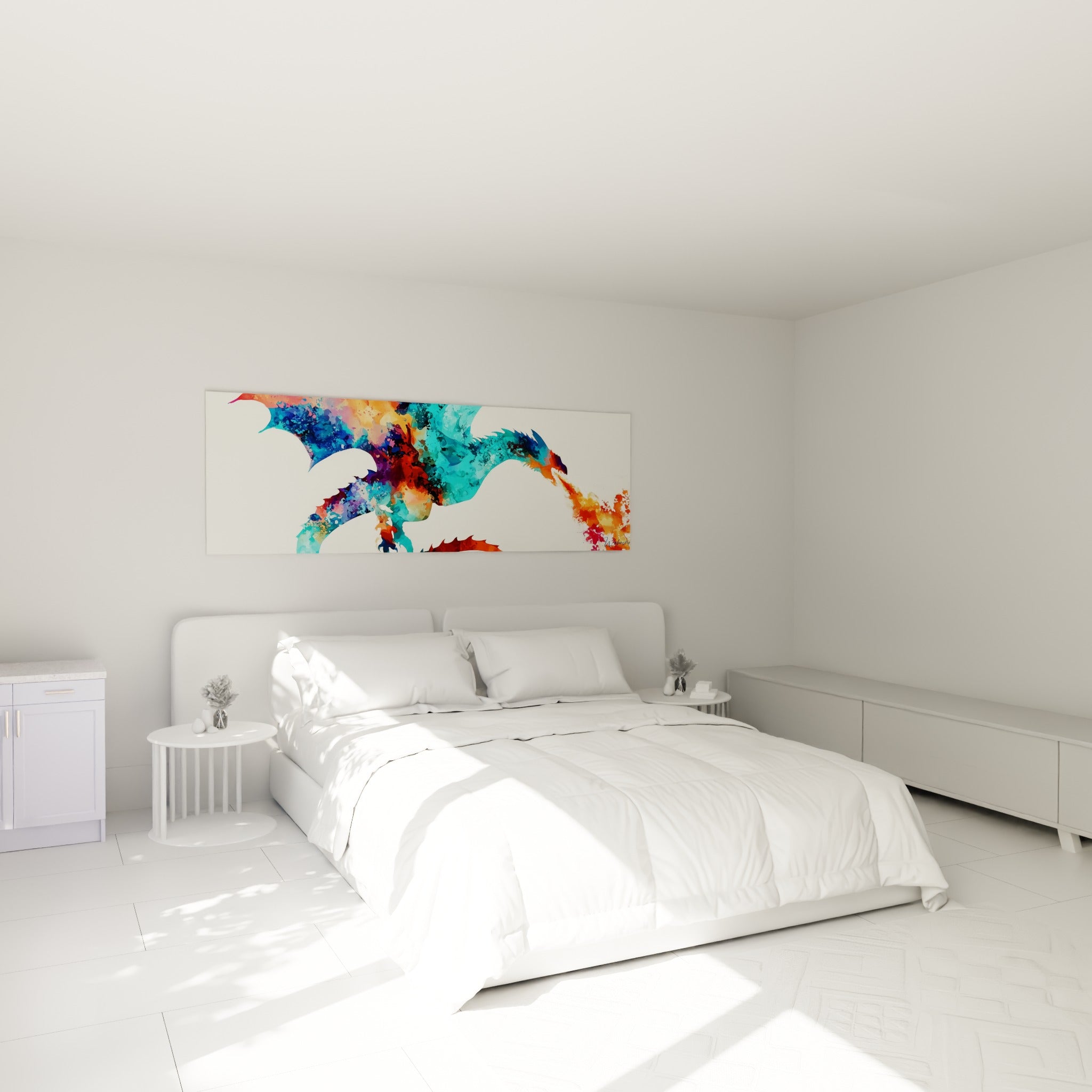 Créature ailée turquoise et orange en plein souffle de feu au-dessus d'un lit dans une chambre claire