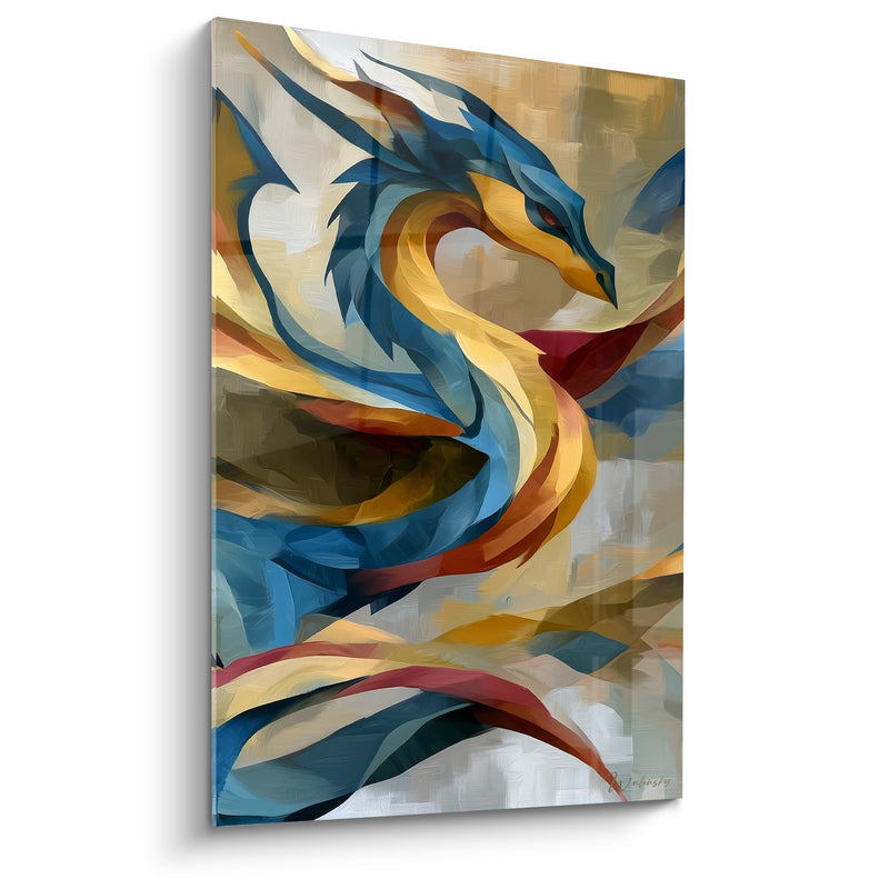 Tableau Dragon bleu et doré aux rubans tourbillonnants - Œil rouge perçant - Edition Dragon