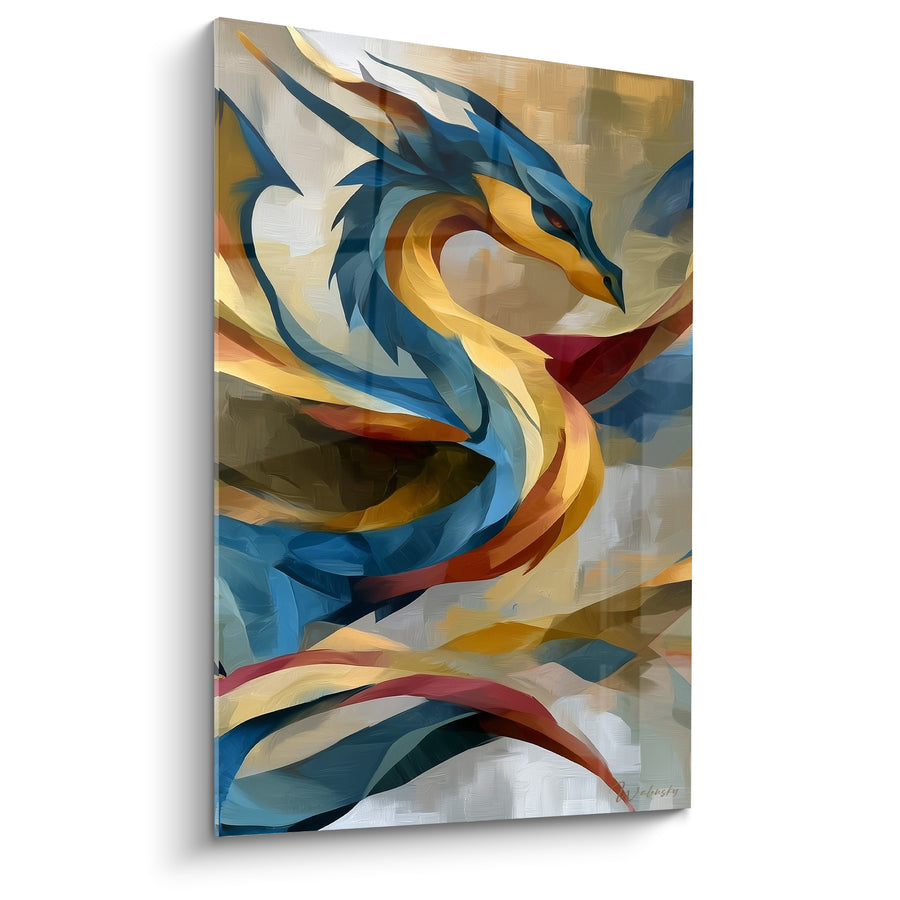 Tableau Dragon bleu et doré aux rubans tourbillonnants - Œil rouge perçant - Edition Dragon