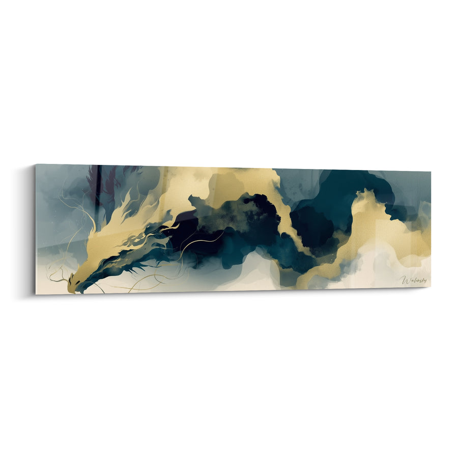 Tableau Dragon bleu pétrole et doré aux longues moustaches filiformes - Silhouette diluée en aquarelle - Edition Dragon