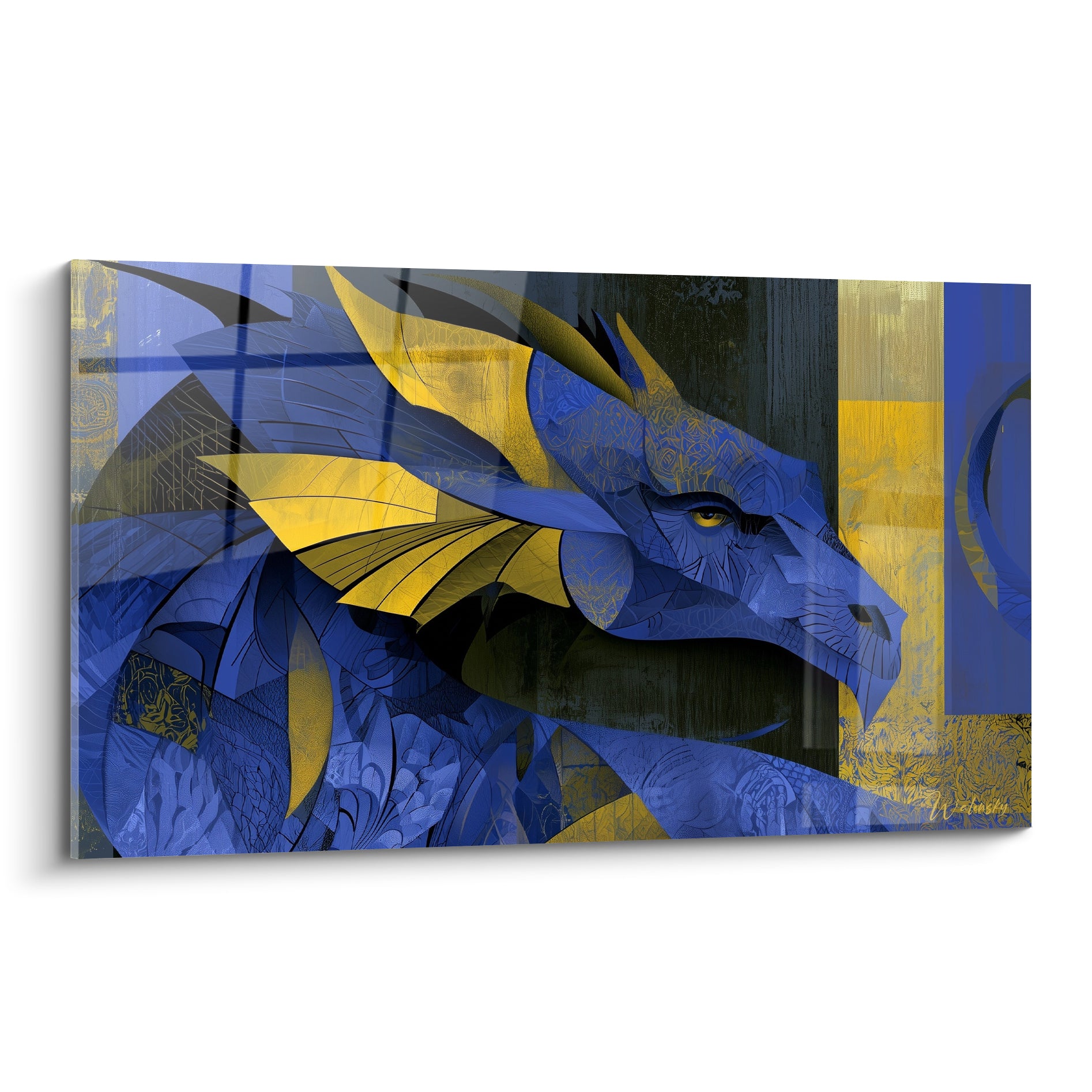 Dragon bleu marine et doré aux écailles géométriques, œil perçant et cornes stylisées