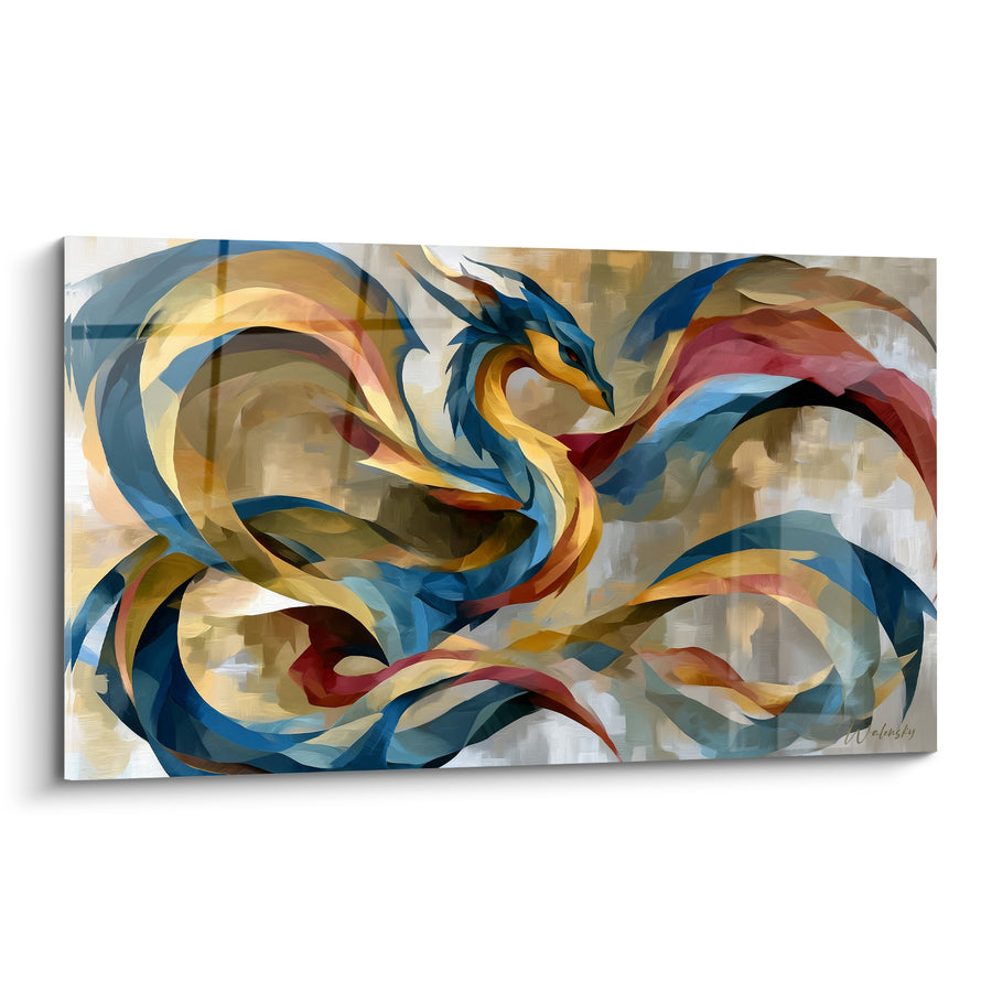 Tableau Dragon serpentin bleu et doré - Envol mythique - Edition Dragon