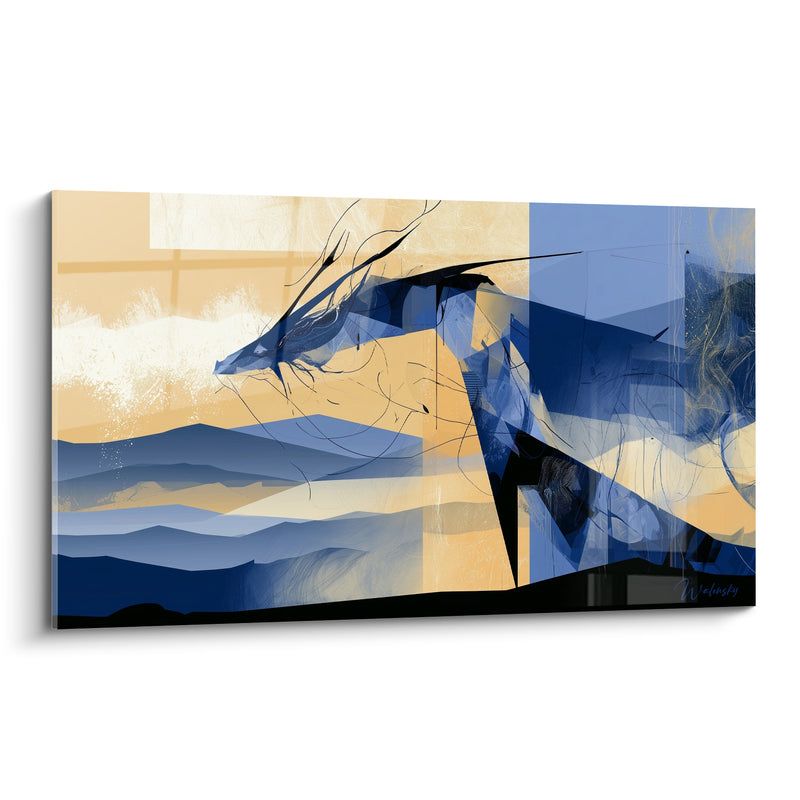 Tableau Dragon géométrique bleu et sable au museau filiforme - Silhouette montagneuse en arrière-plan - Edition Dragon
