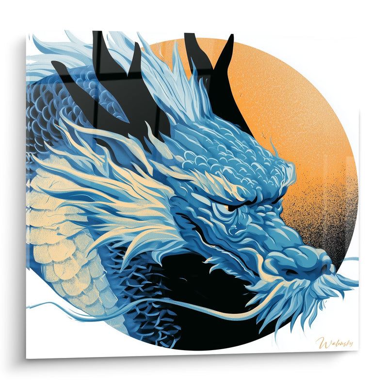 Tableau Dragon bleu et orange devant un cercle solaire - Gardien céleste - Edition Dragon