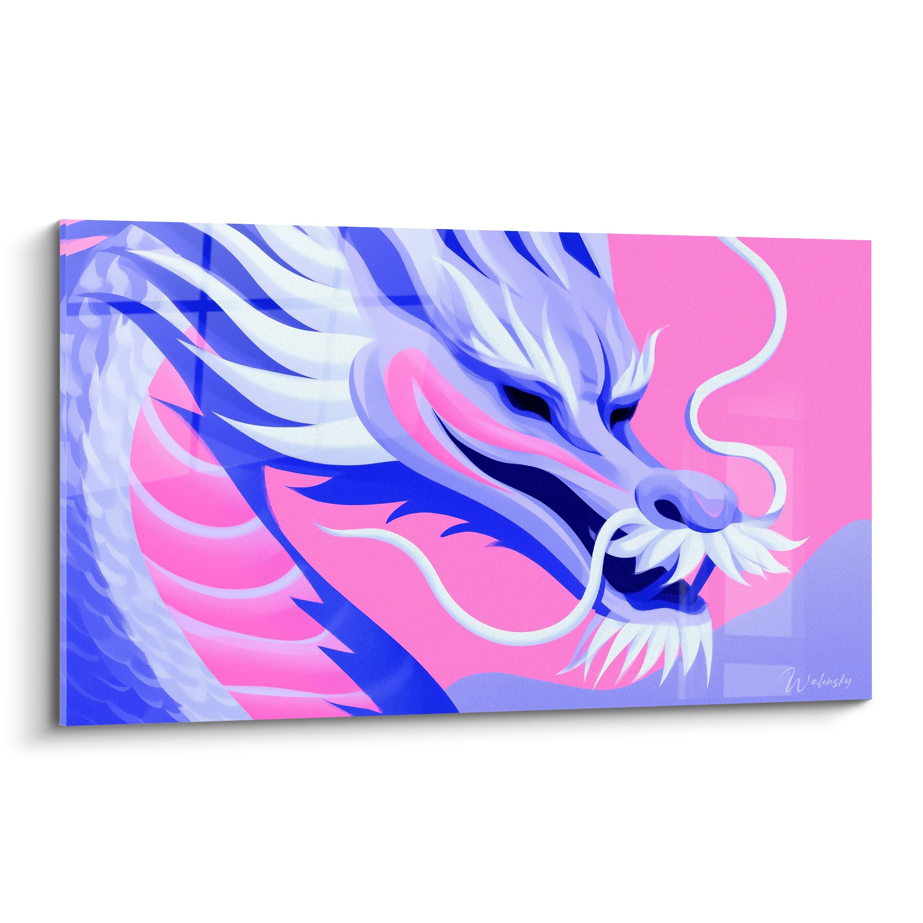 Dragon bleu indigo et rose fuchsia à la gueule ouverte, moustaches blanches ondulantes, style graphique vif