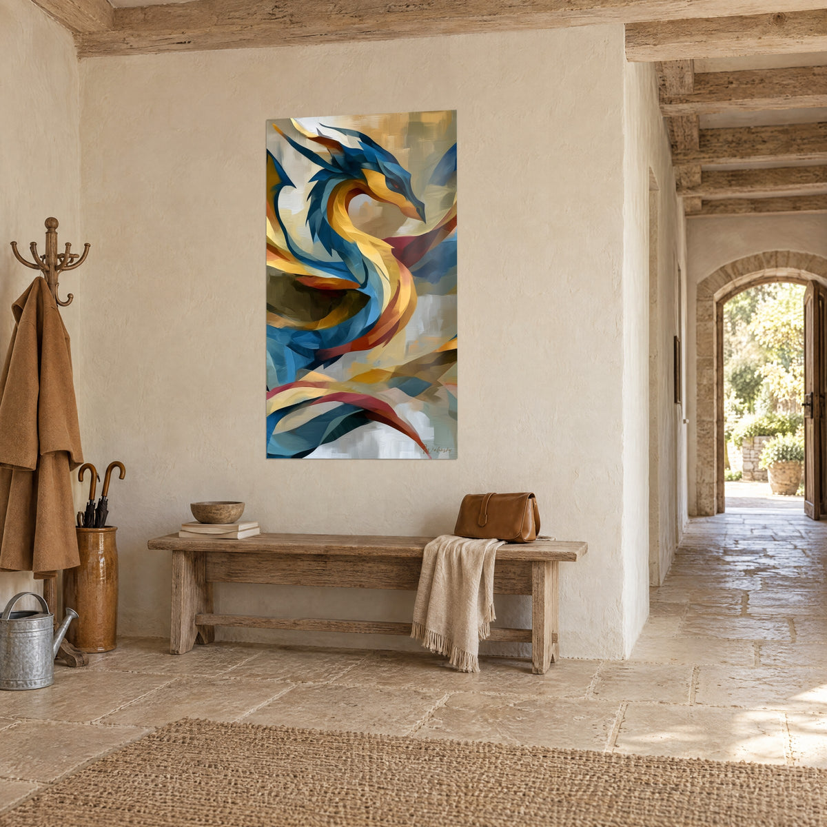 Quadro creatura alata dalle scaglie blu notte e piume giallo miele, volute vorticose, in un ingresso di pietra antica