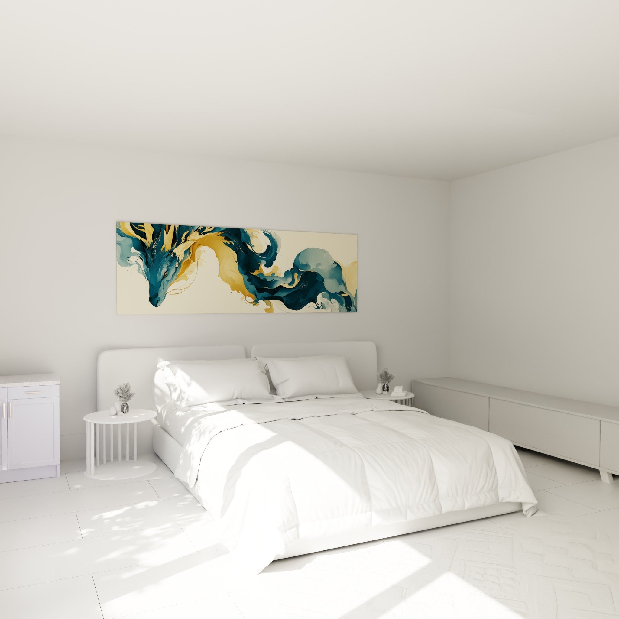 Silhouette de dragon bleu marine aux reflets dorés accrochée au-dessus d'un lit dans une chambre claire