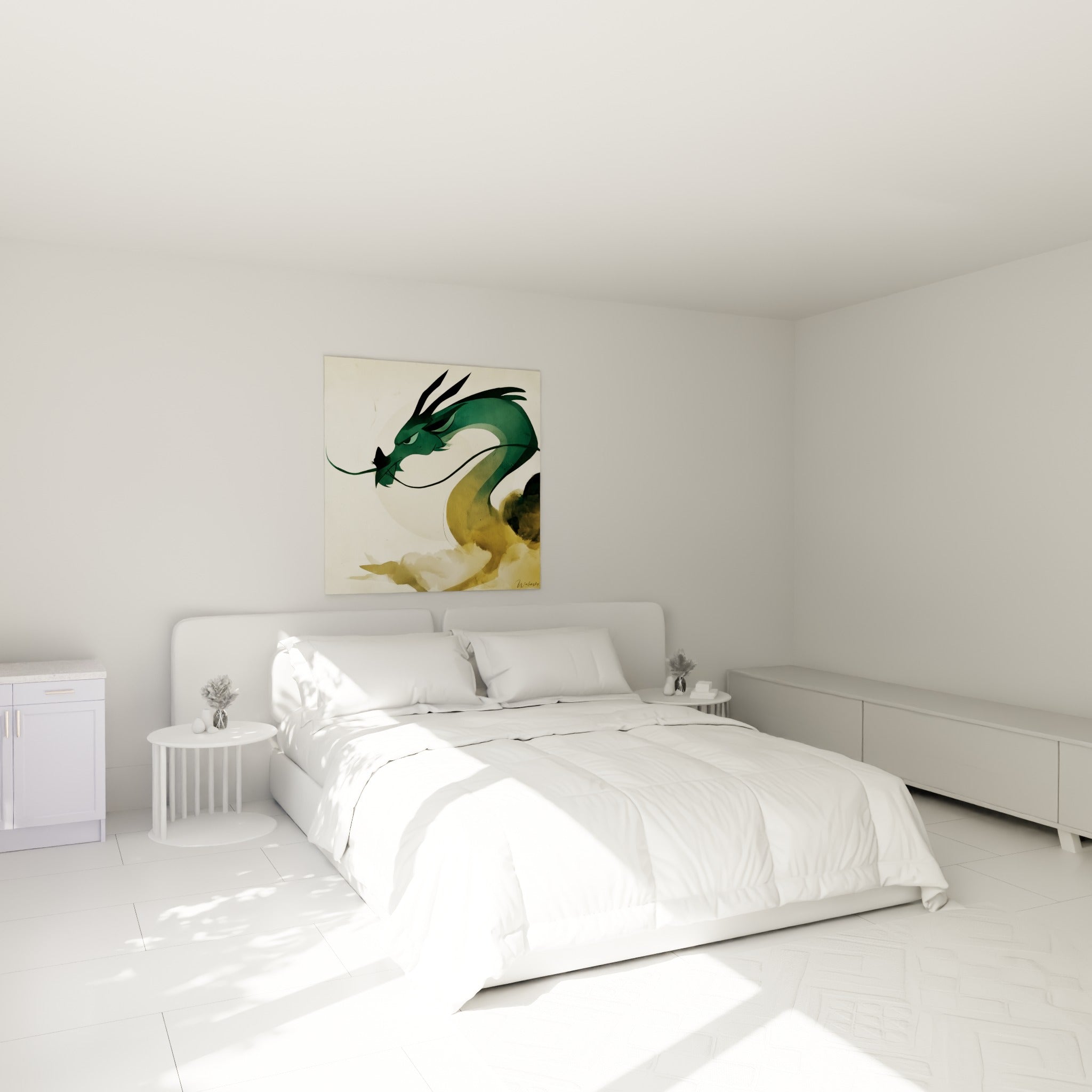 Créature sinueuse vert et ocre au-dessus d'un lit dans une chambre claire, ambiance zen