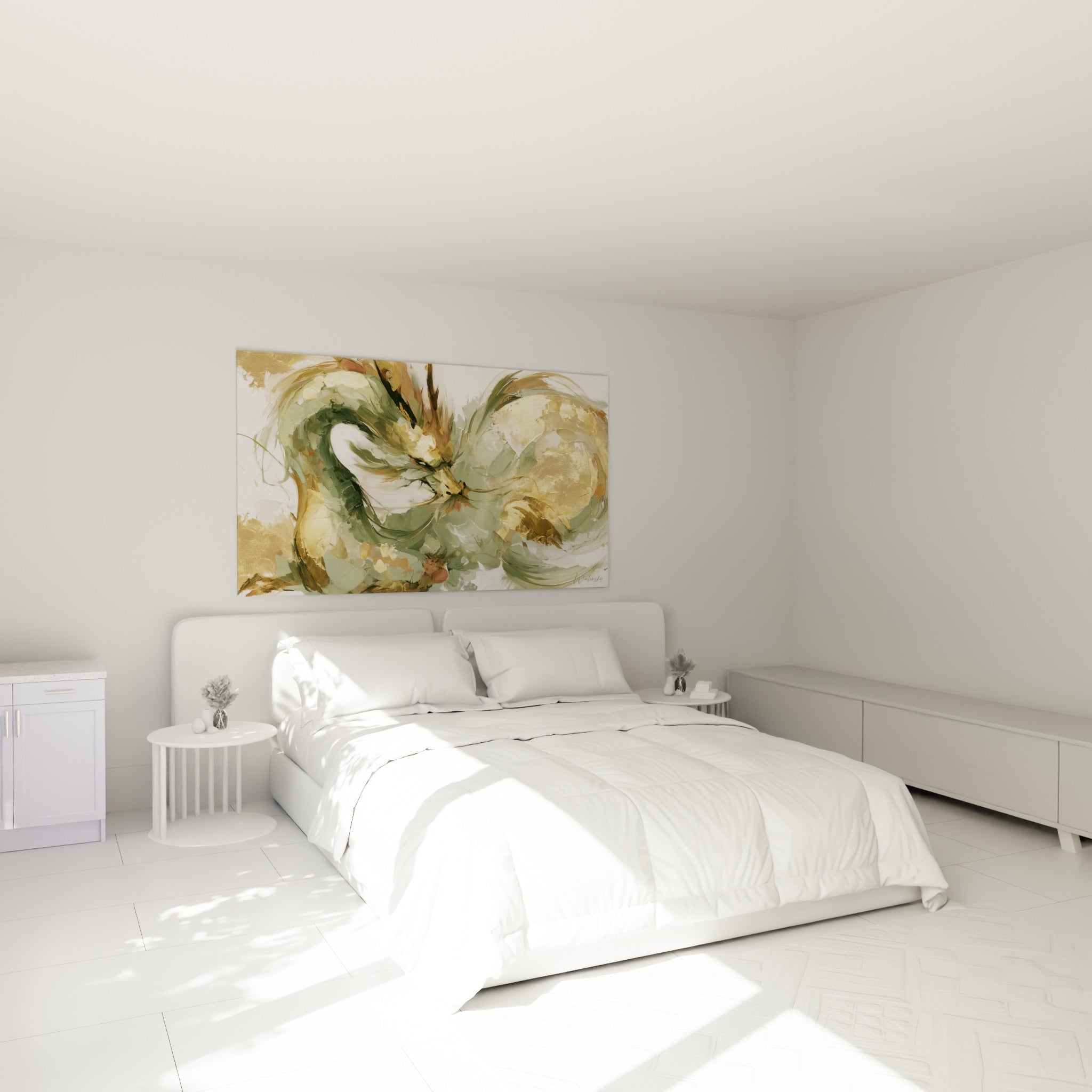 Créature légendaire aux tons sauge et or, corps sinueux, au-dessus d'un lit dans une chambre claire