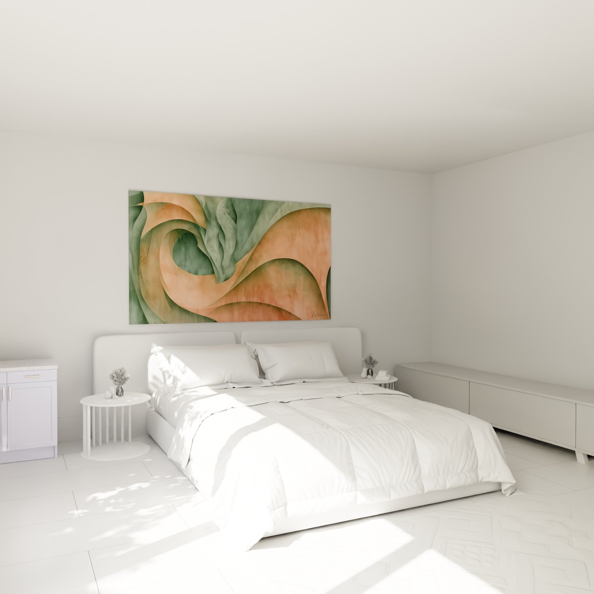 Courbes terracotta et vert sauge du tableau Dragon accrochées au-dessus d'un lit dans une chambre claire