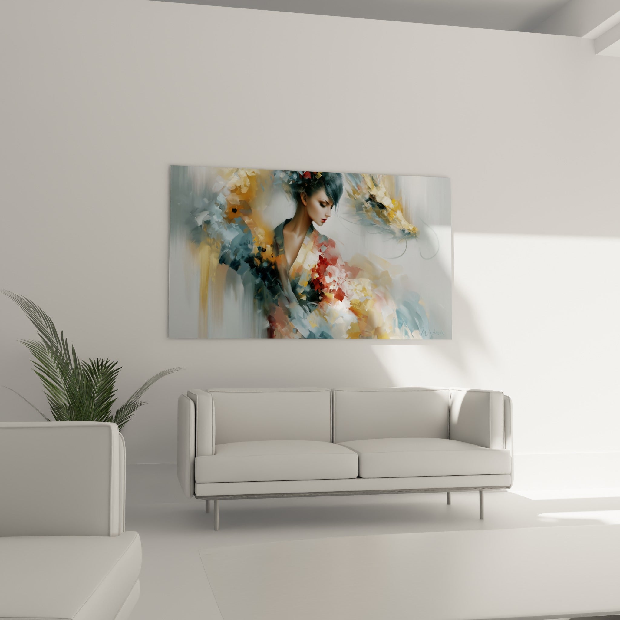 Créature mythique dorée et femme au kimono rose pâle, suspendue au-dessus d'un canapé dans un salon lumineux