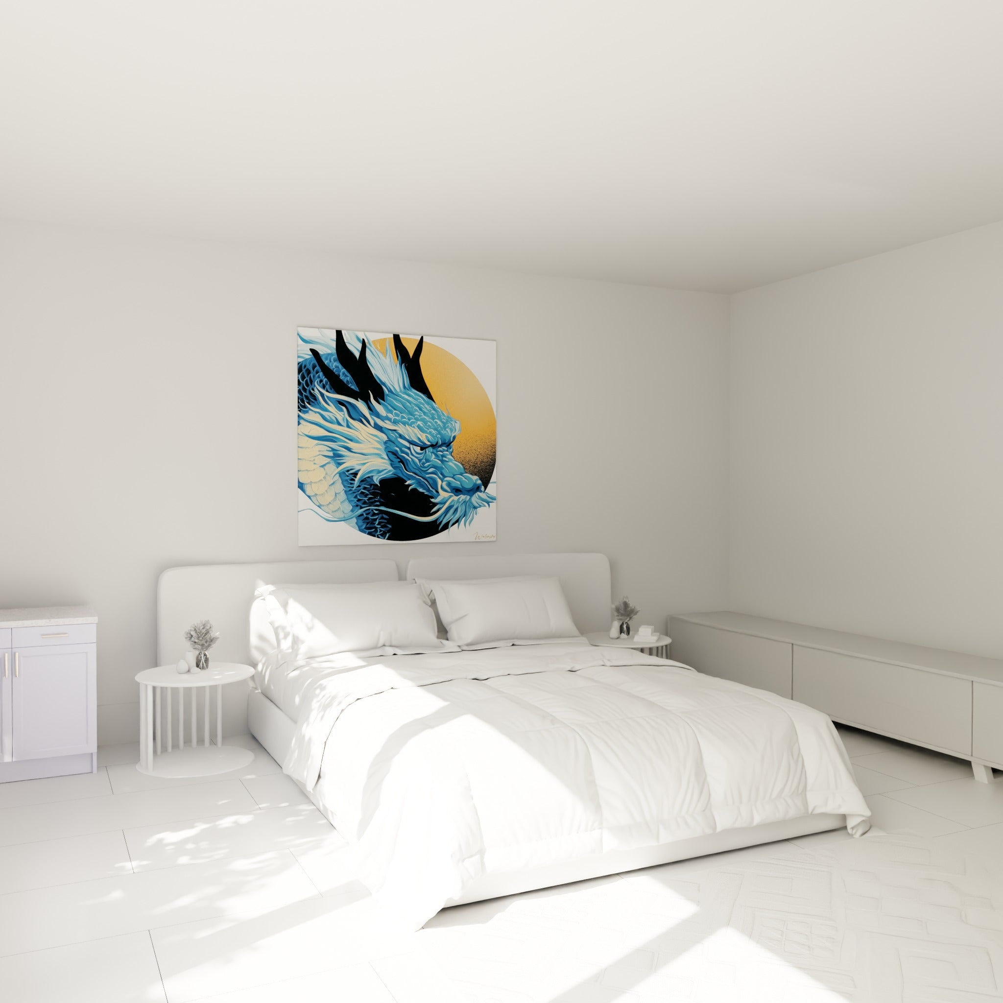 Créature mythique bleue et orangée au-dessus d'un lit dans une chambre claire