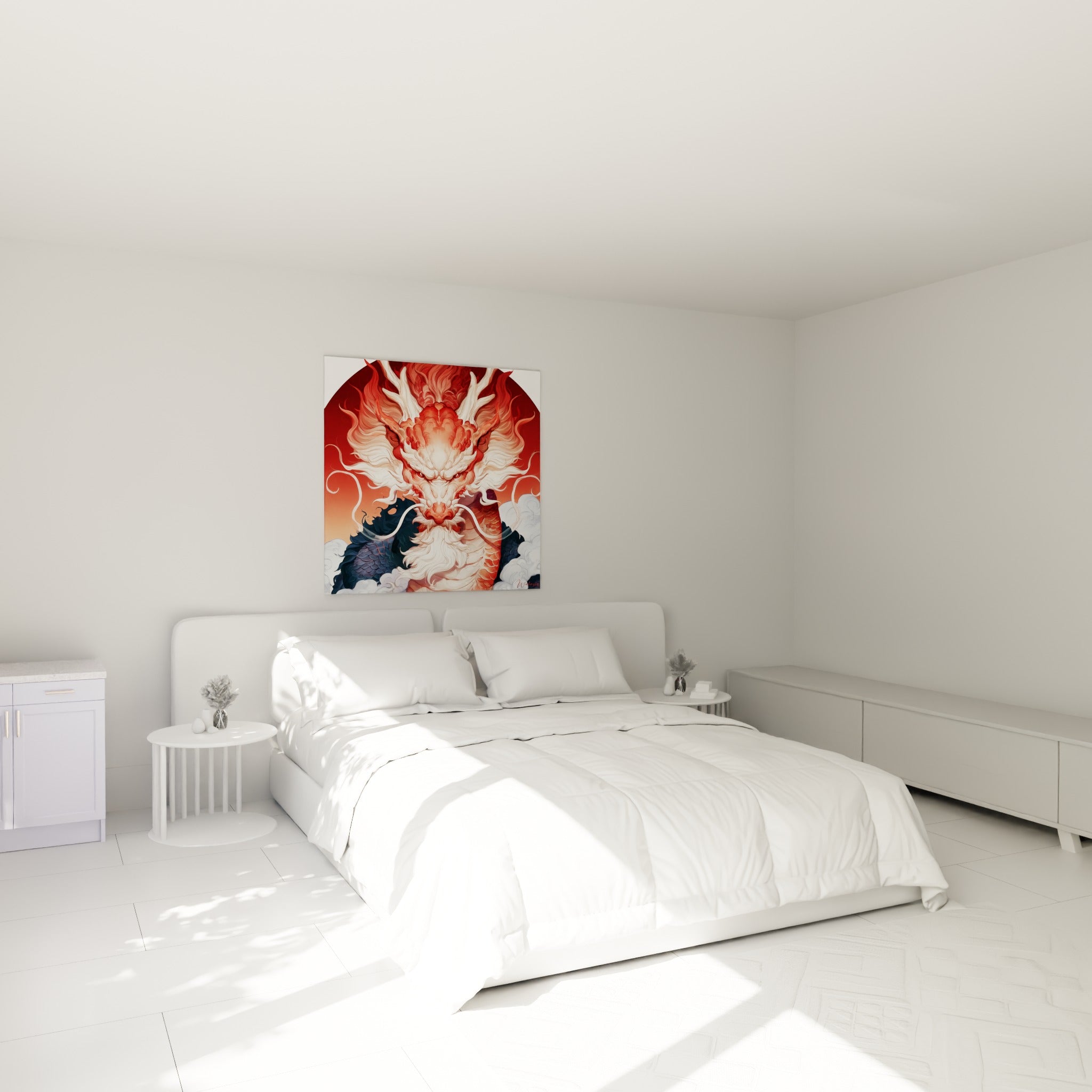 Créature mythique rouge et anthracite accrochée au-dessus d'un lit dans une chambre claire