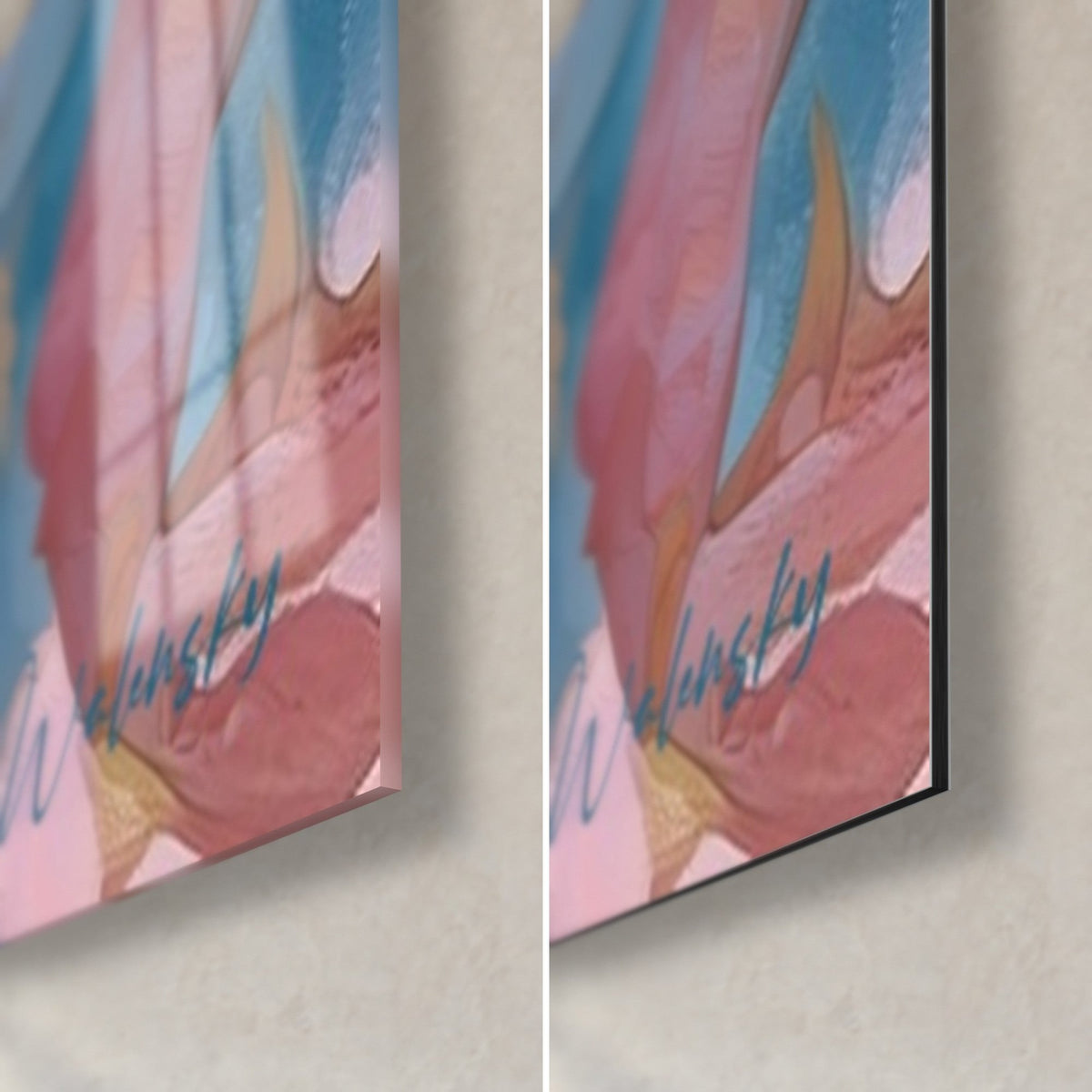 Cuadro dragón rosa y azul, esquina inferior derecha: vidrio acrílico brillante a la izquierda, Dibond mate a la derecha, canto de 3 mm