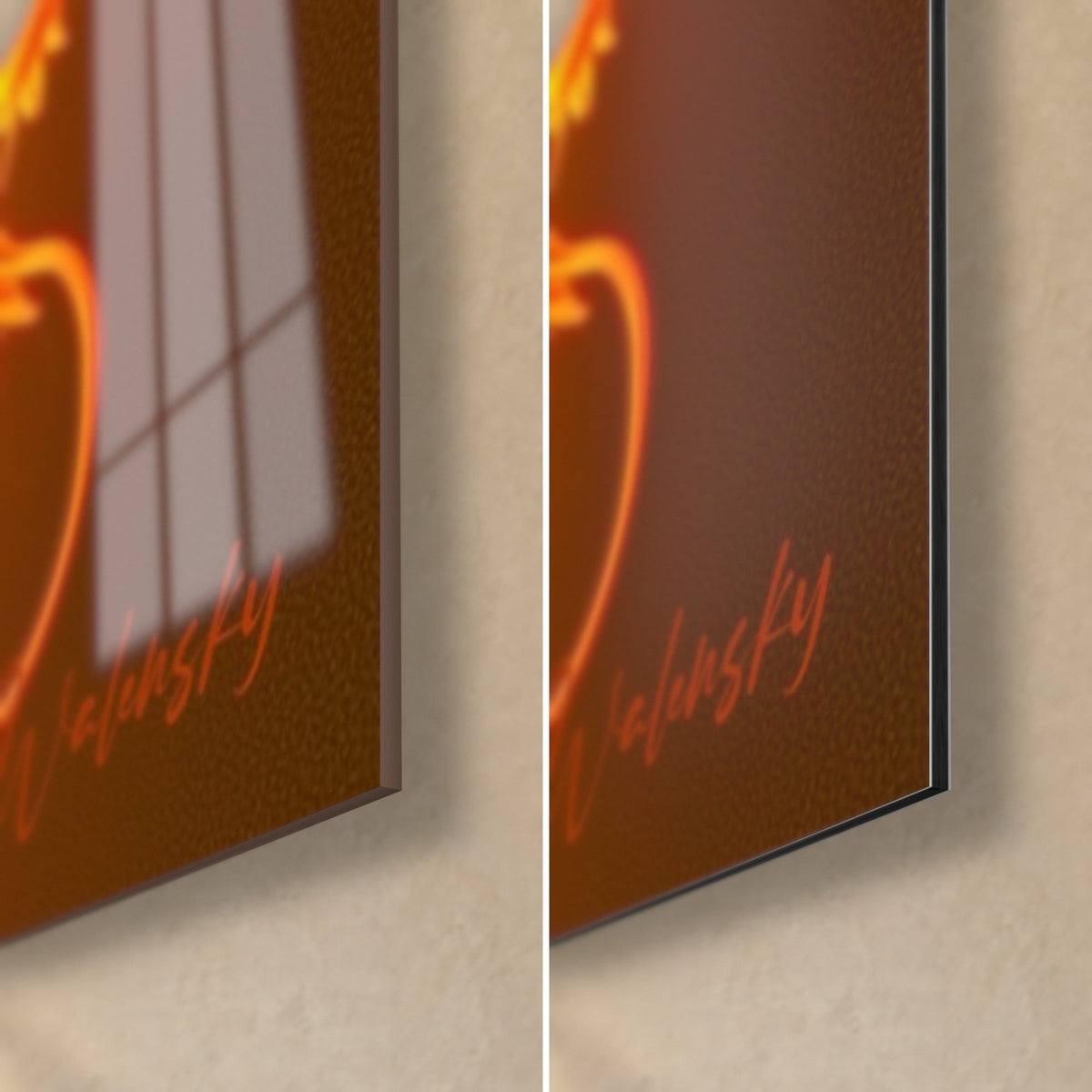 Tableau dragon ardent, coin bas droit : verre brillant et Dibond mat bruns, signature orange, tranche de 3 mm
