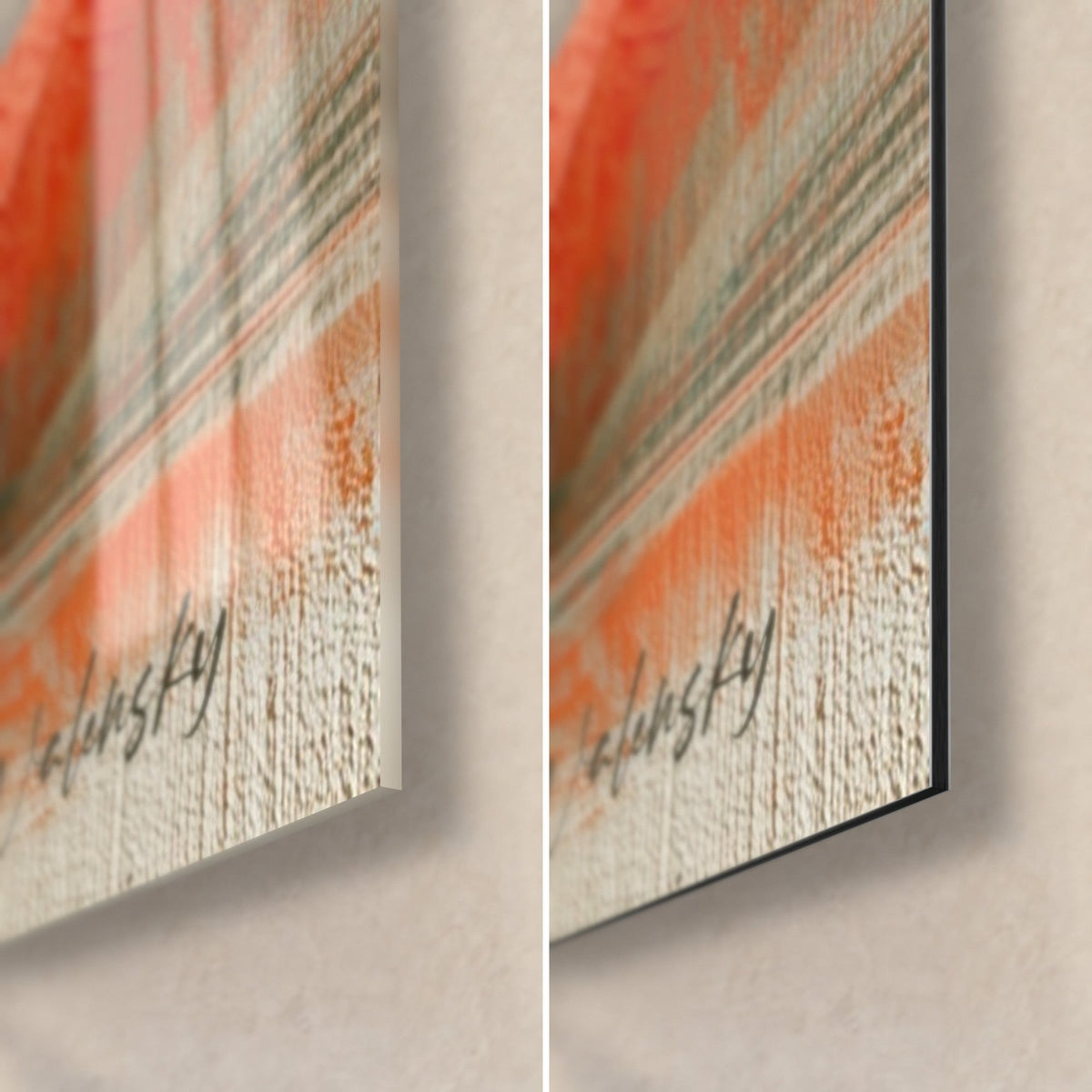 Wall art winged creature in orange and green, bottom right corner: glossy acrylic glass on the left, matte Dibond on the right, 3 mm edge