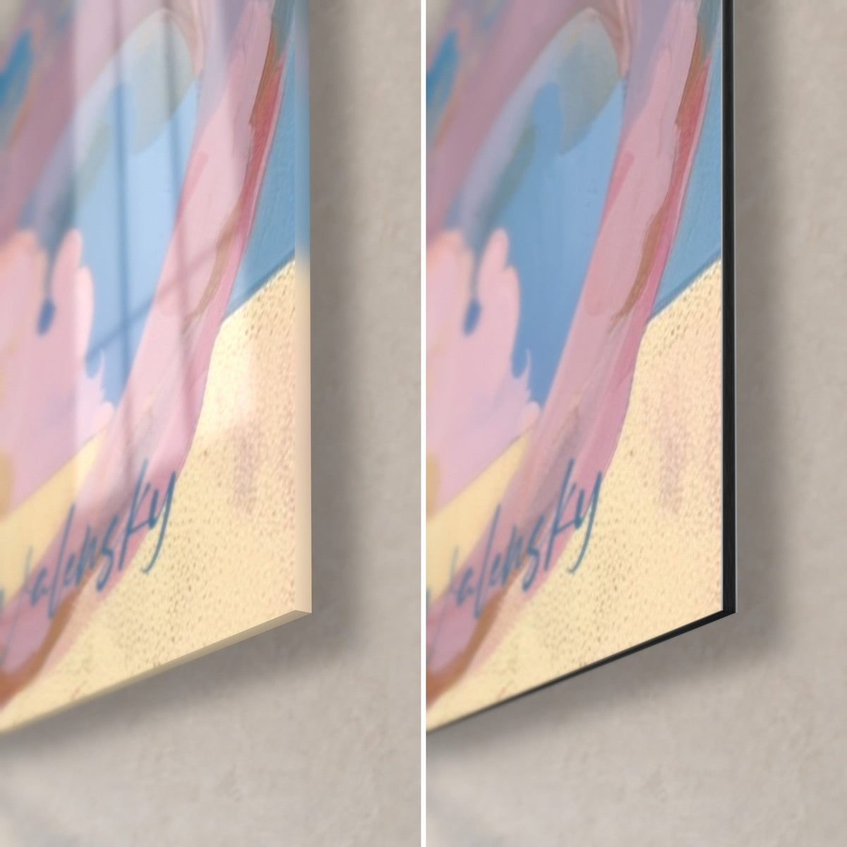 Cuadro dragón rosa y azul, esquina inferior derecha: firma Walensky, reflejos del cristal acrílico brillante y aluminio Dibond mate