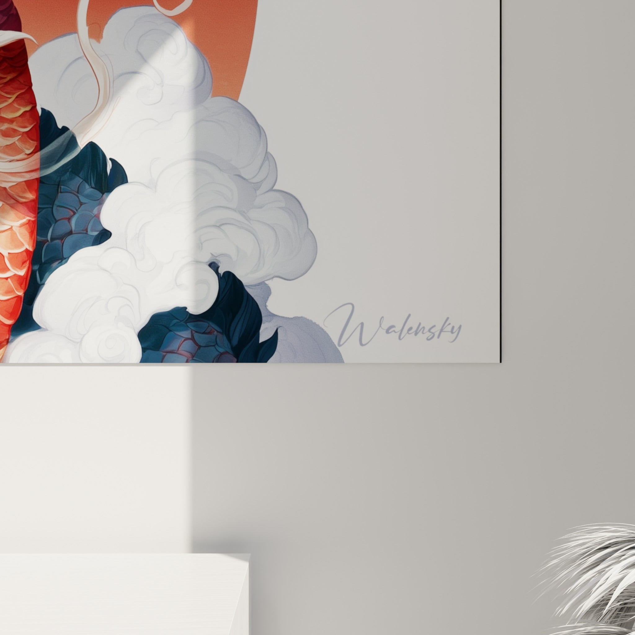 Détail des écailles rouge profond et de la crinière blanche du dragon, coulures et empâtements visibles de près