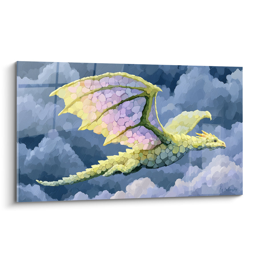 Tableau Dragon doré aux ailes mauves survolant les nuages - Vol céleste - Edition Dragon
