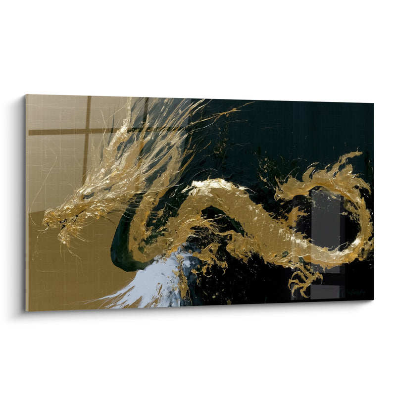 Tableau Dragon doré et noir aux griffes recourbées - Éclaboussure blanche écumante - Edition Dragon