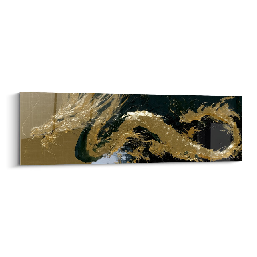 Tableau Dragon doré et noir corps serpentin allongé - Écume blanche sous la gueule - Edition Dragon