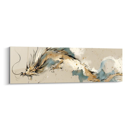 Cuadro Dragón beige y azul pálido con largas bigotes filamentosos - Cuerpo estilizado en acuarela - Edición Dragón