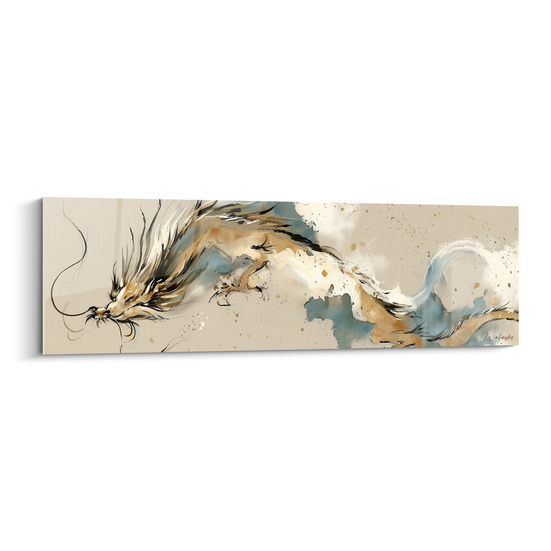 Tableau Dragon beige et bleu poudré aux longues moustaches filiformes - Corps effilé en aquarelle - Edition Dragon