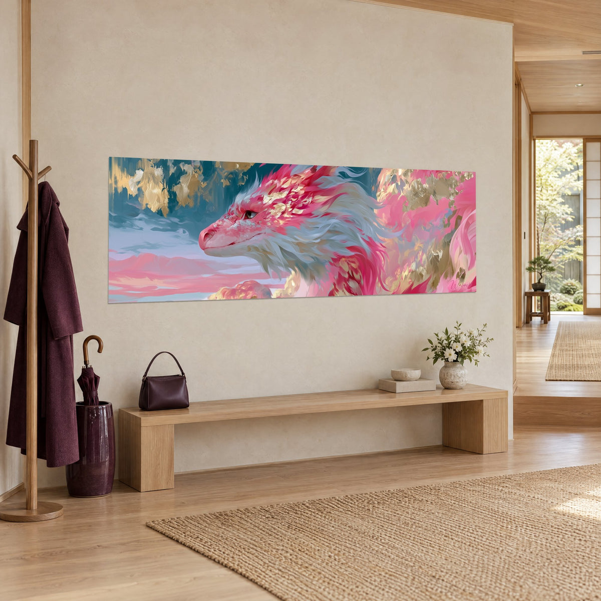 Tableau tête de dragon aux écailles framboise et plumes givrées, nuages roses, accroché sur un mur beige près d'un banc