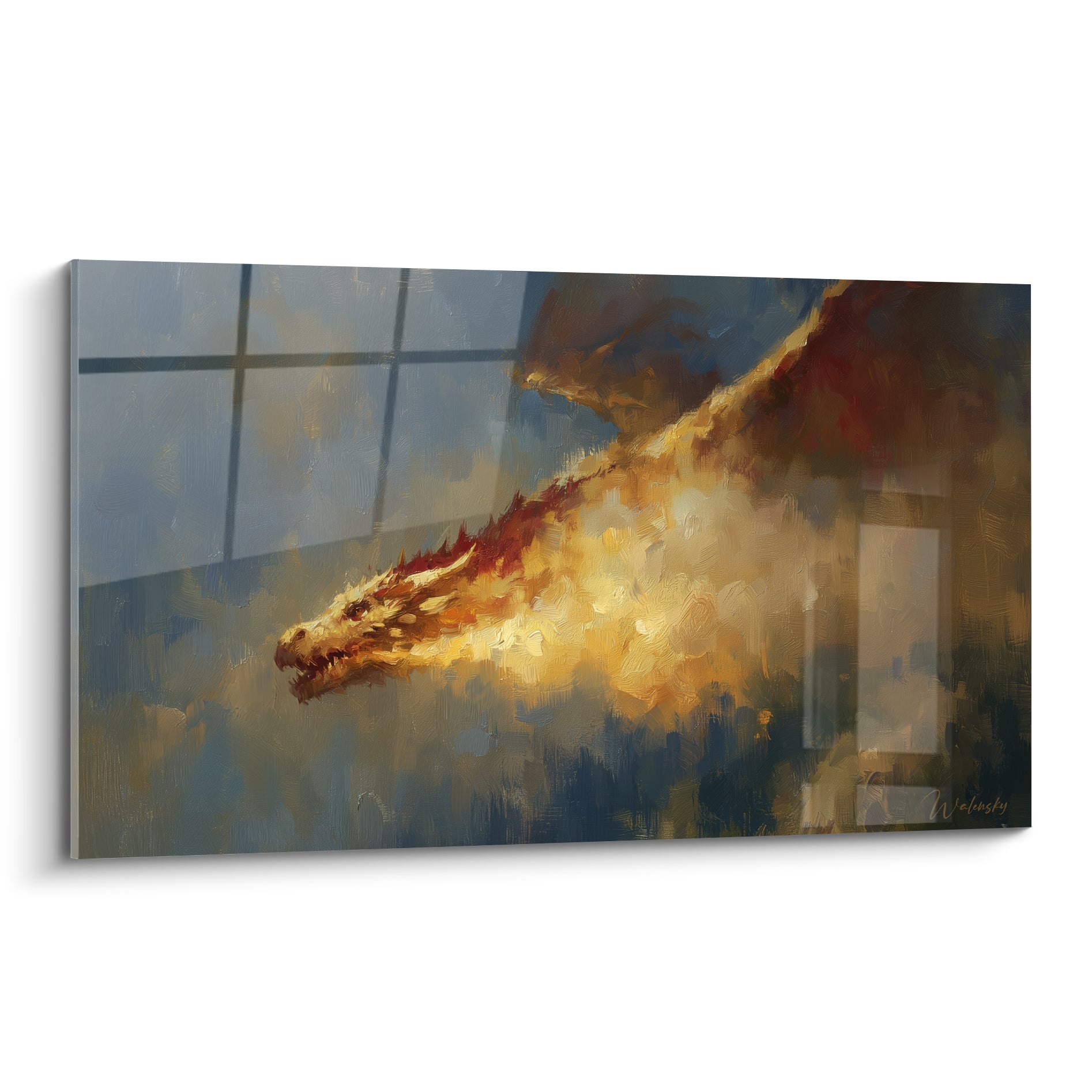 Dragon doré et rouge de profil, gueule entrouverte, fumée bleu ardoise en arrière-plan