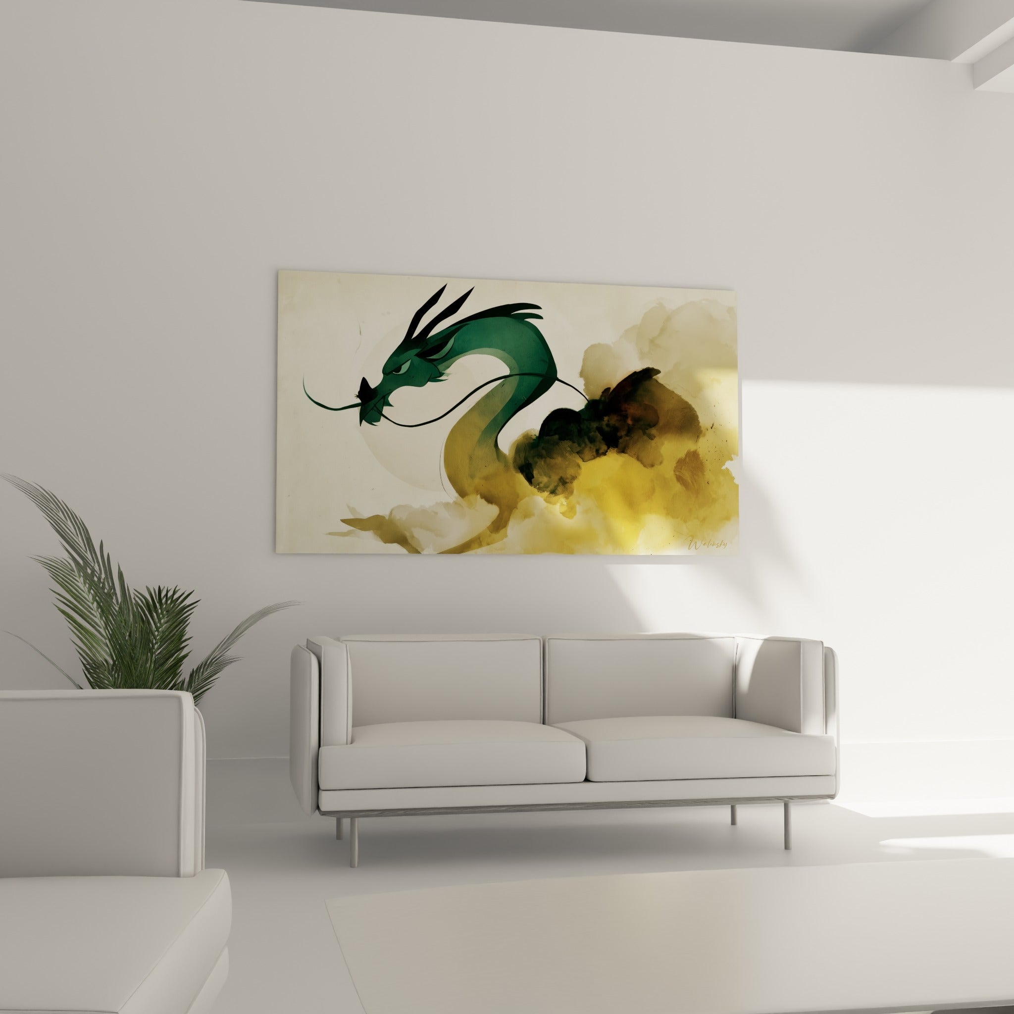 Silhouette verte du dragon jaillissant d'un nuage doré, accrochée au-dessus d'un canapé dans un salon lumineux