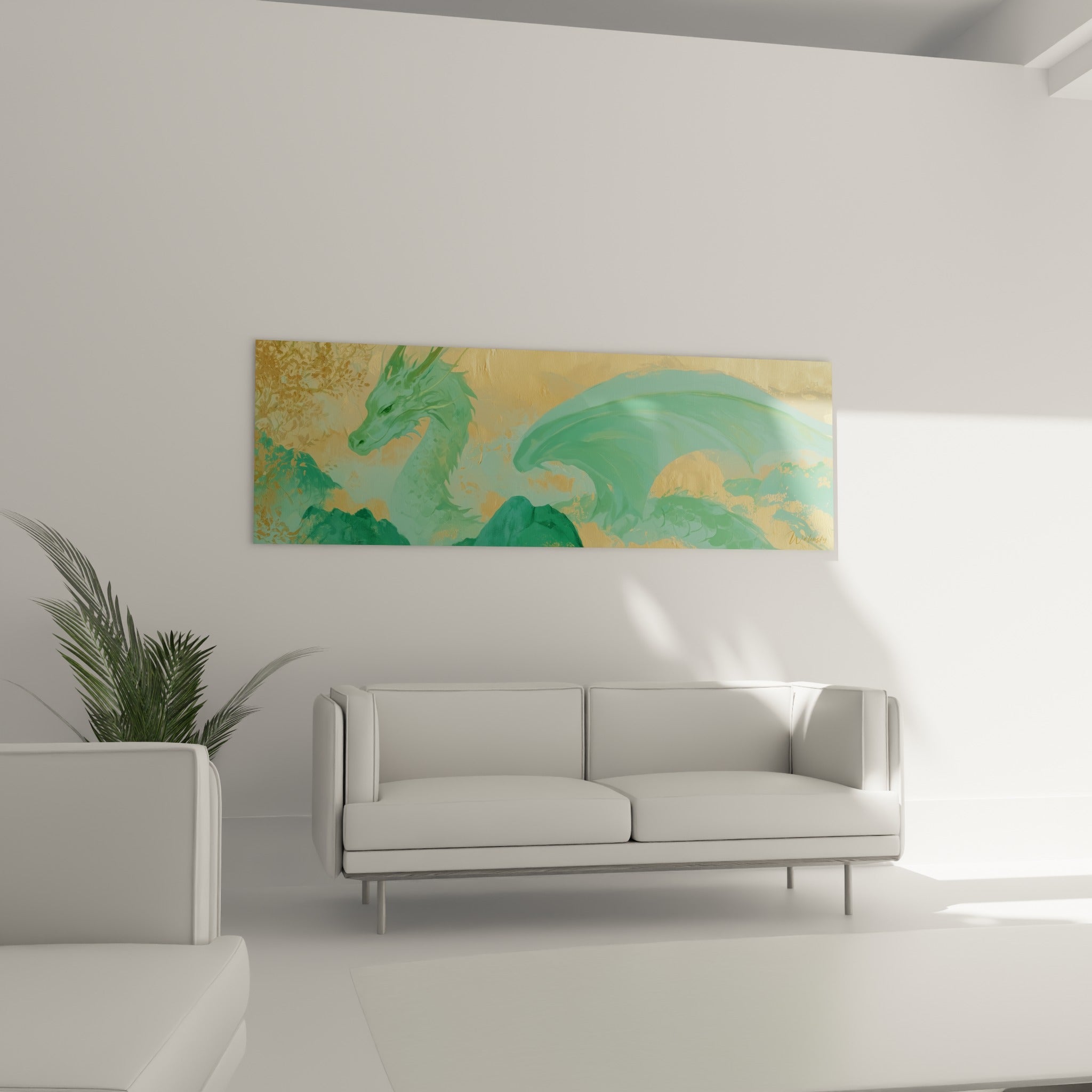 Silhouette de dragon jade aux ailes amples sur fond doré, au-dessus d'un canapé dans un salon lumineux