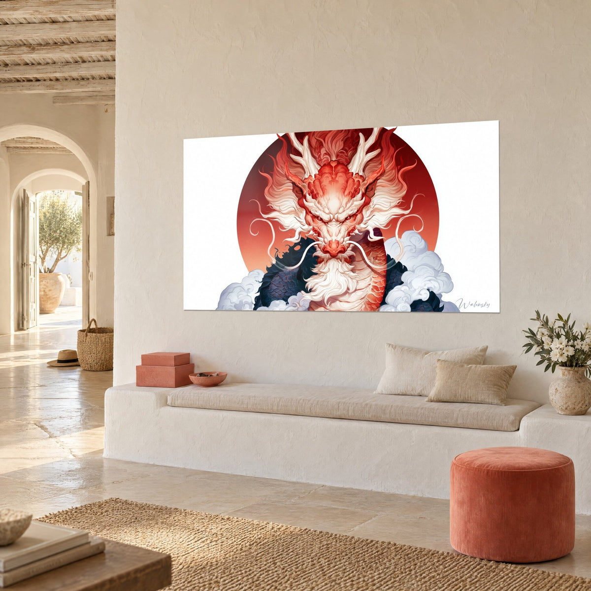 Gemälde Drachenkopf in Rot und Elfenbein vor einer scharlachroten Scheibe, weiße Wolken am Fuß, beige Wand eines mediterranen Hauses