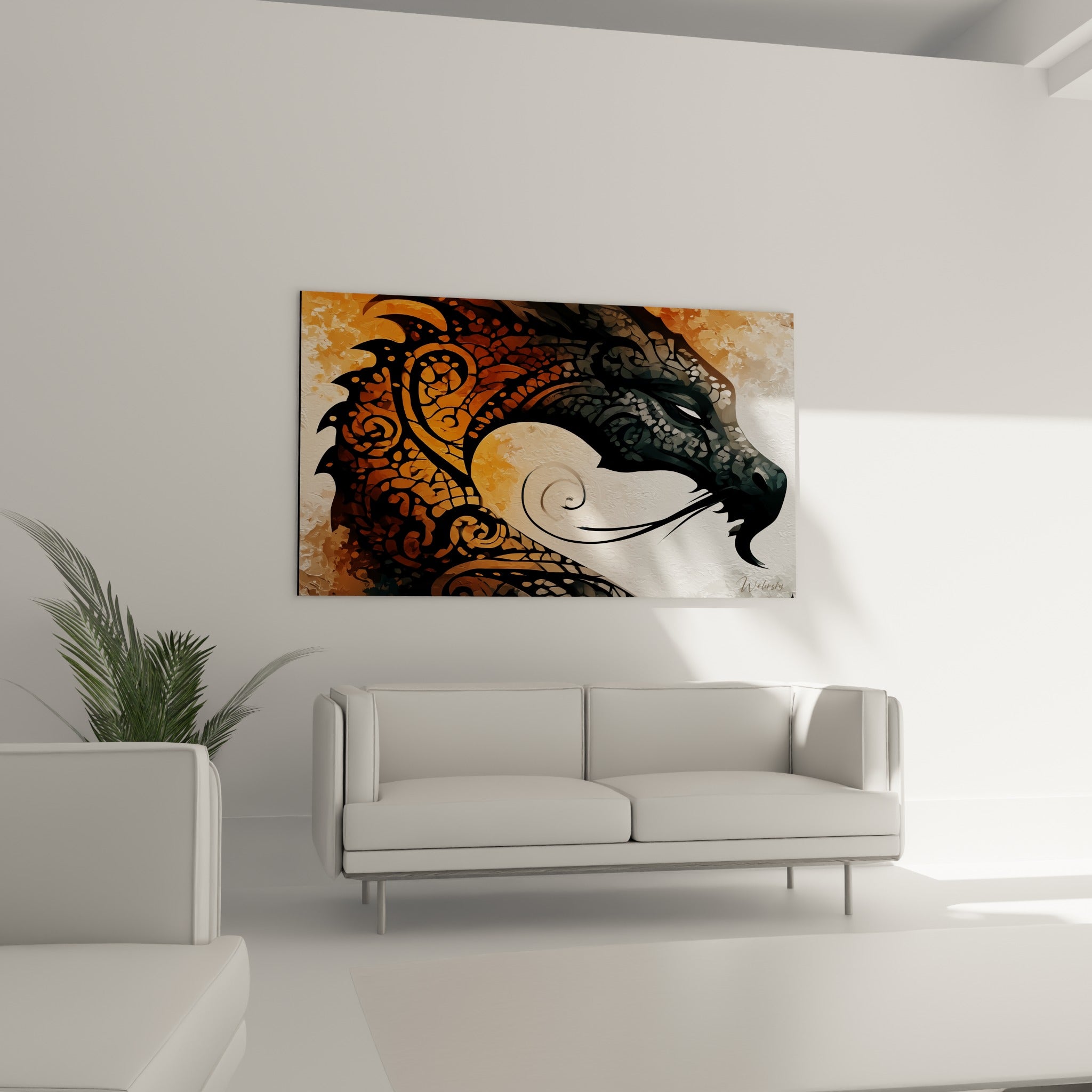 Écailles stylisées orange brûlé et anthracite ornant ce dragon, au-dessus d'un canapé dans un salon lumineux