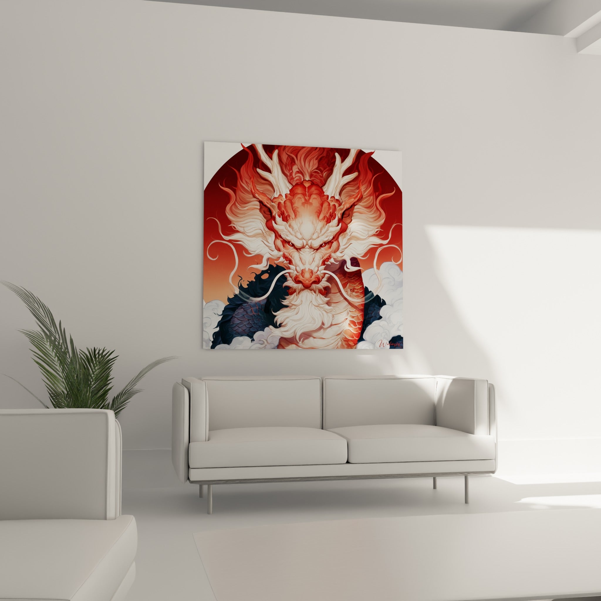 Visage de dragon aux tons rouges et blancs suspendu au-dessus d'un canapé dans un salon lumineux