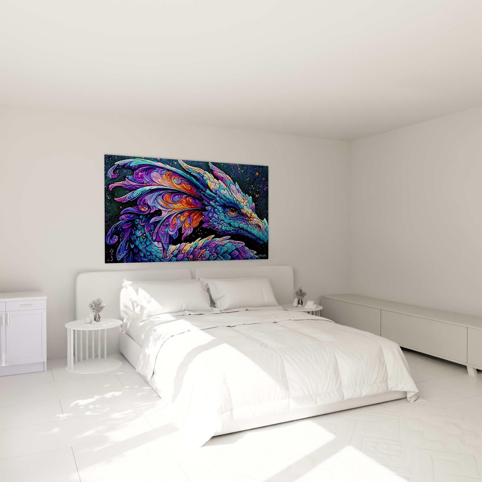 Créature mythique aux écailles bleues et violettes, tableau Dragon accroché au-dessus d'un lit dans une chambre claire