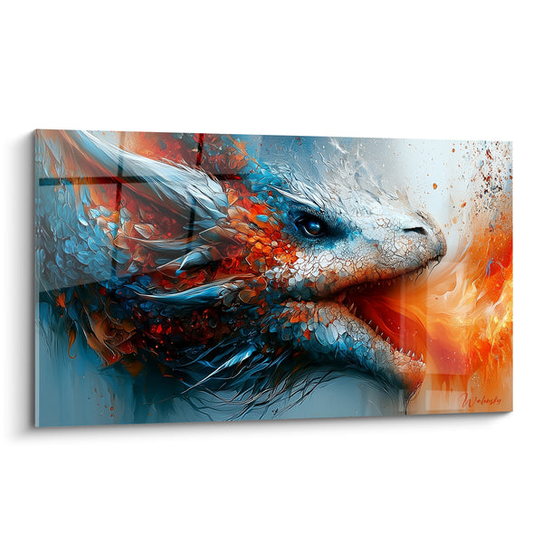 Dipinto Testa blu e arancione con squame incrinate - Bocca aperta socchiusa - Edizione Drago
