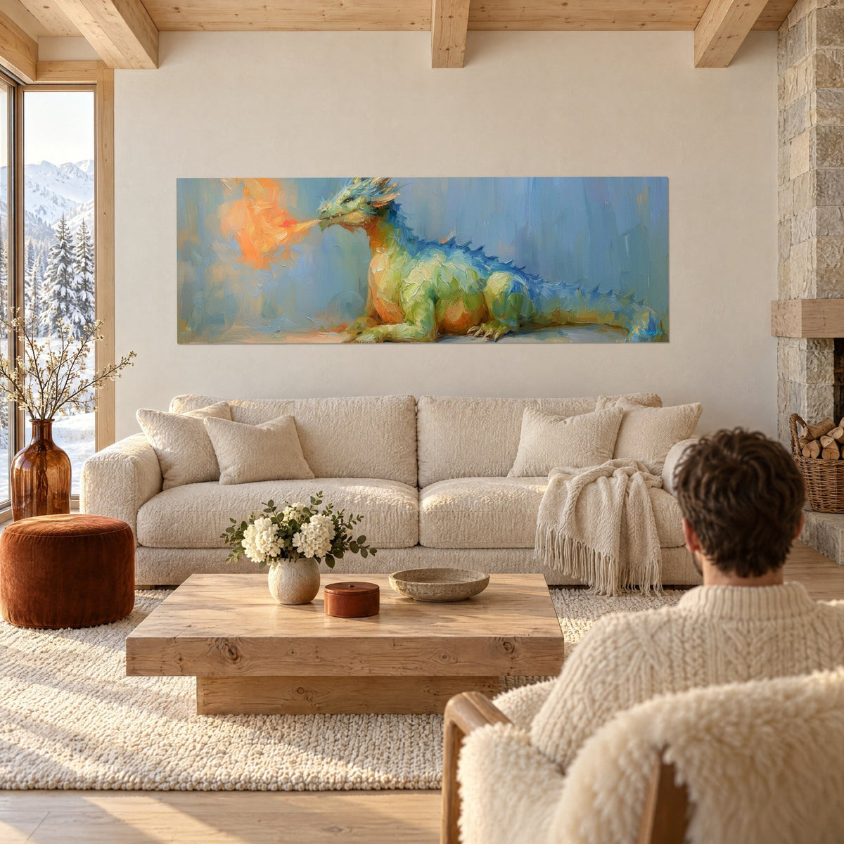 Wall art green and blue dragon breathing an orange flame, bristling scales, above a sofa in a bright living room