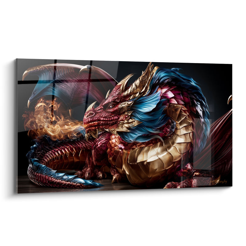 Tableau Dragon rouge et doré crachant flamme dorée - Crinière bleu azur - Edition Dragon