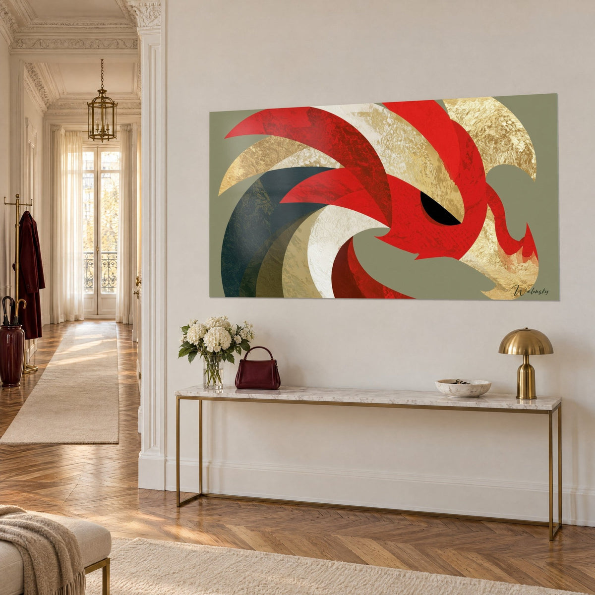 Tableau crête écarlate en courbes concentriques, feuille d'or, bleu nuit et ivoire, accroché au-dessus d'une console dorée