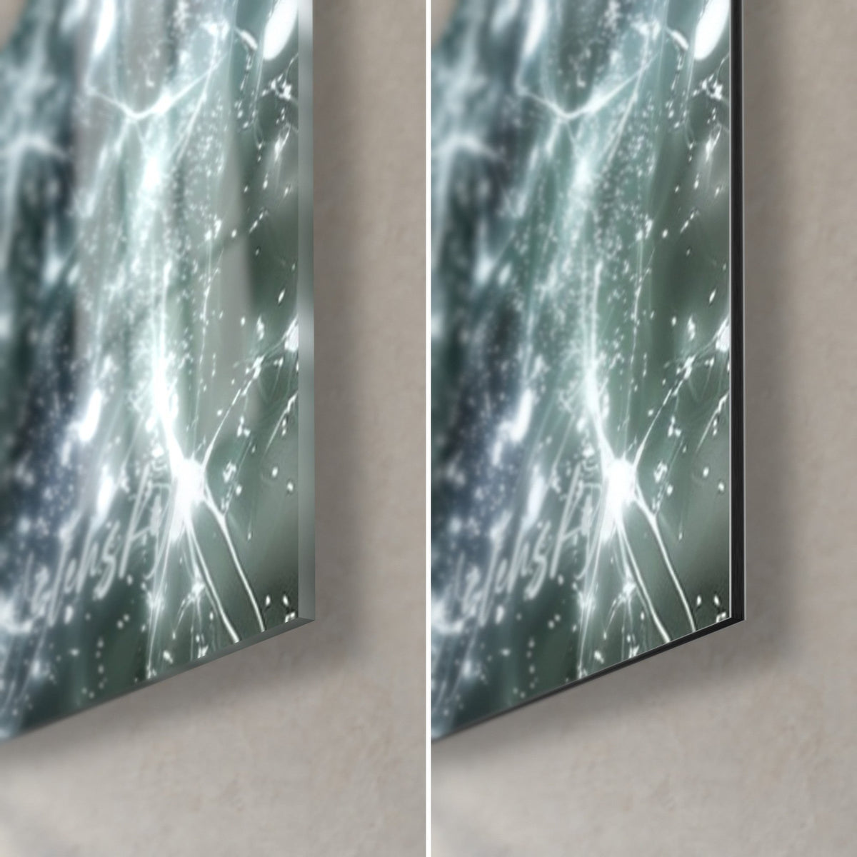 Gemälde Frostdrachenkopf, unten rechts: glänzendes Acrylglas links, mattes graues Dibond rechts, 3 mm Kante