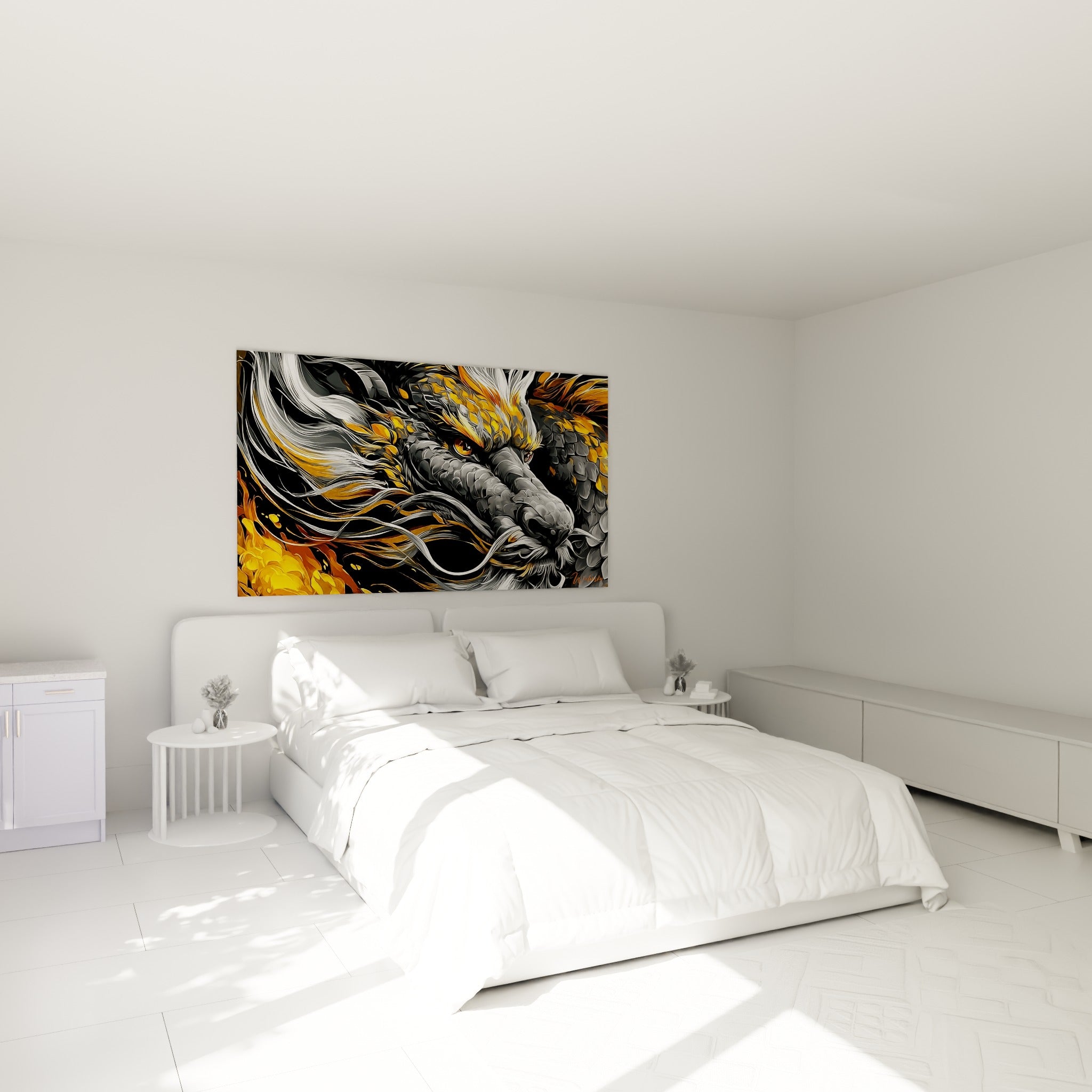 Écailles anthracite et flammes dorées d'un dragon accrochées au-dessus d'un lit dans une chambre claire