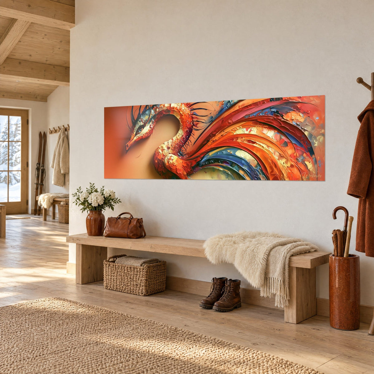 Quadro creatura alata dall'occhio turchese, squame ramate e piume blu su fondo albicocca, ingresso di chalet